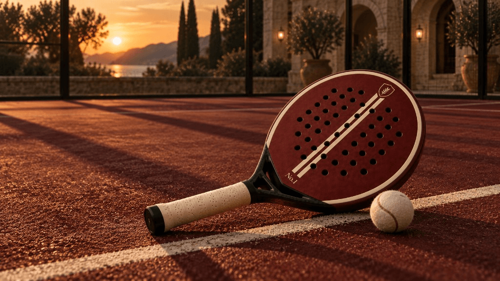 KYROS SPARTA oxblood padel racket on a Bordeaux court