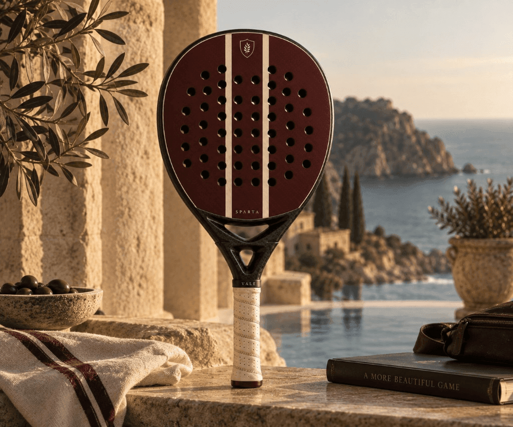 KYROS SPARTA oxblood padel racket on a Mediterranean terrace